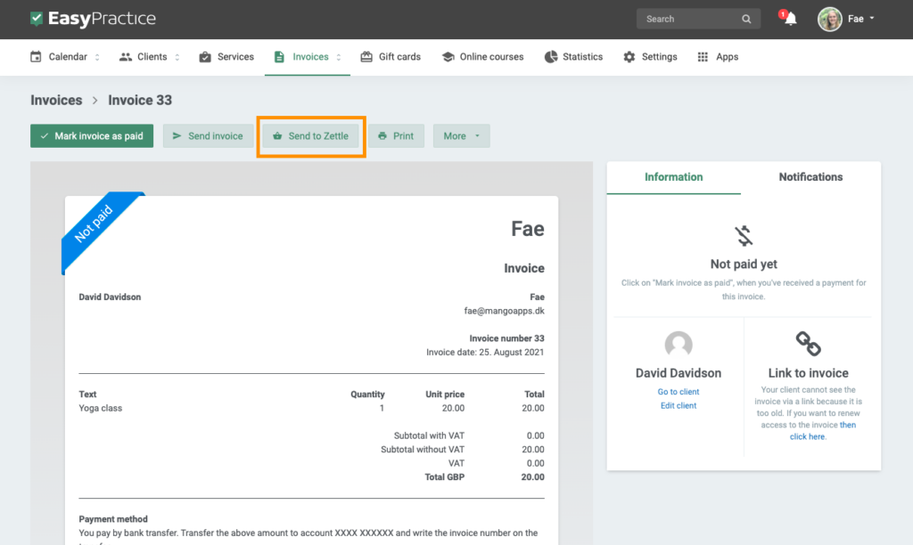 Screenshot of how to send an invoice to Zettle in EasyPractice