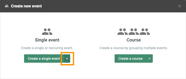 Screenshot of "create new event" options