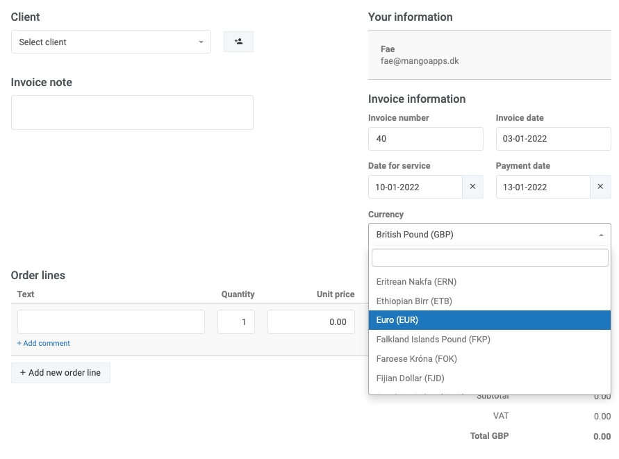 Screenshot of multiple currencies on invoices