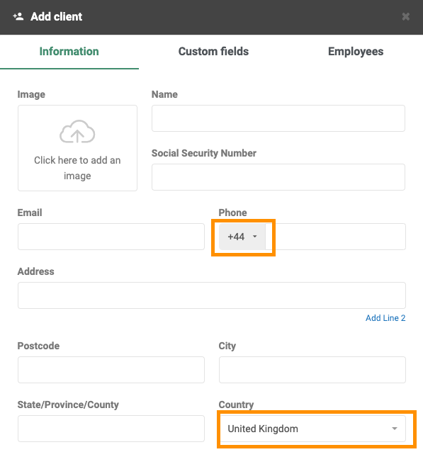 Screenshot of fields in "Add client" details