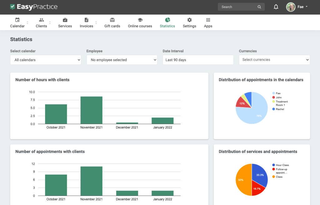 Screenshot of statistics page