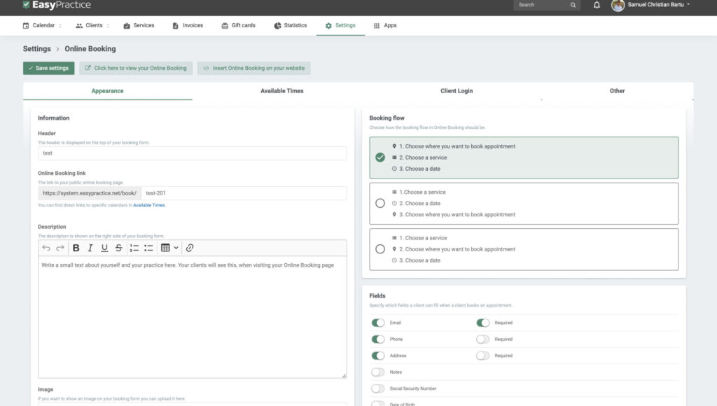 Online booking settings for appearance and design of the online booking form