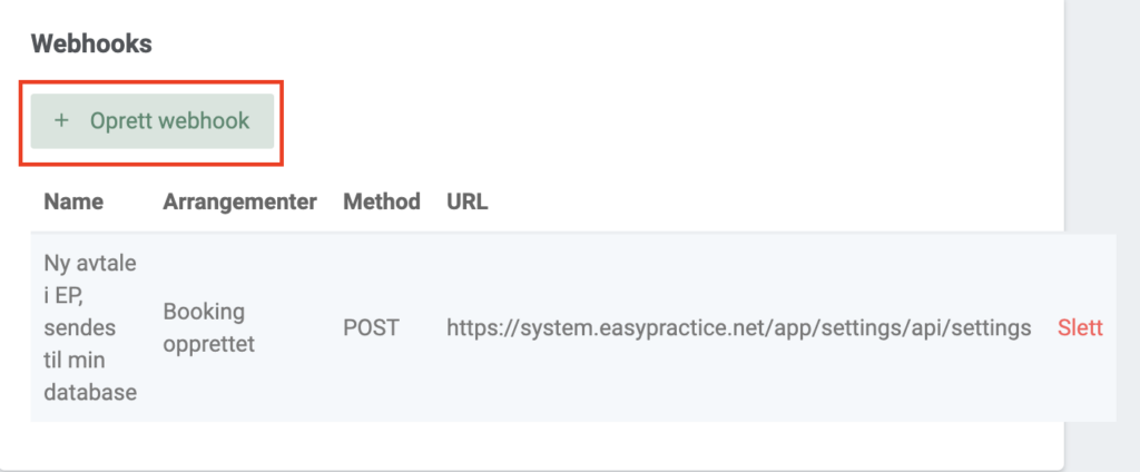 Opprett webhooks i EasyPractice API
