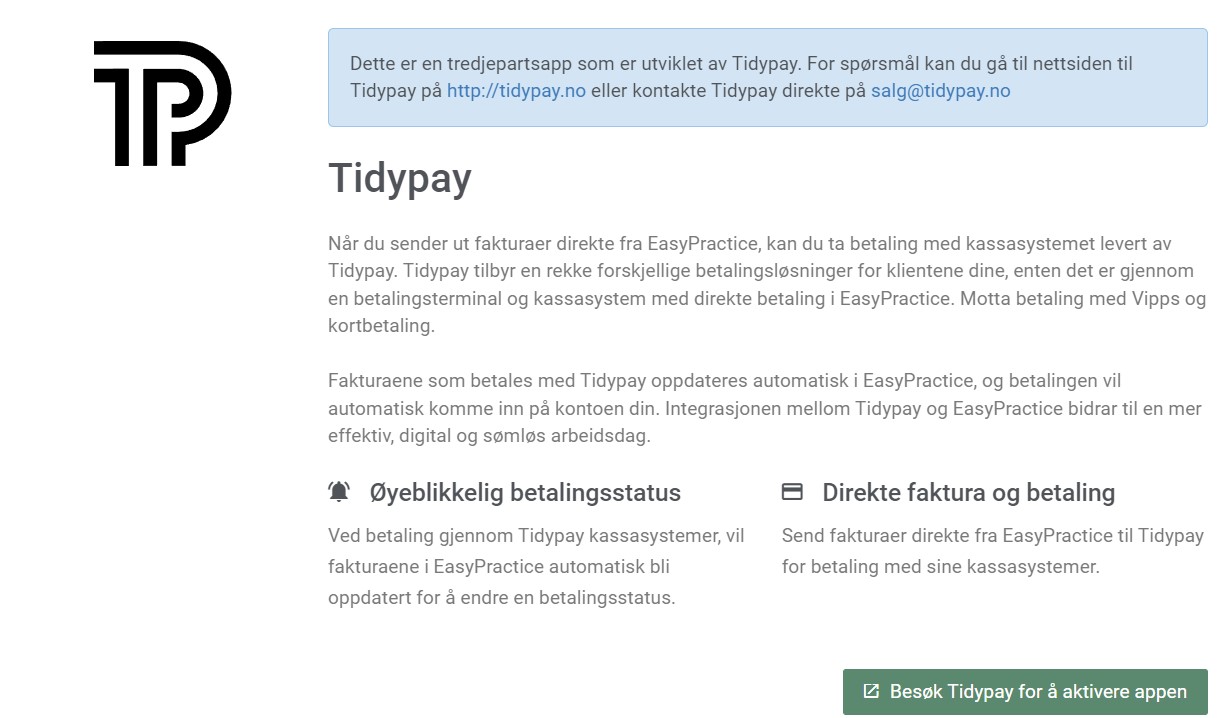 Informasjon om integrasjonen til TidyPay under appsmenyen i EasyPractice