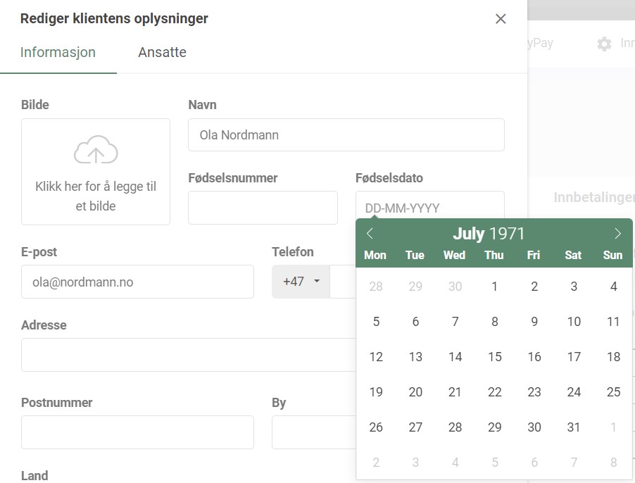 Legg til en klients fødselsdato ved å bla gjennom kalender på klientens personlig profil