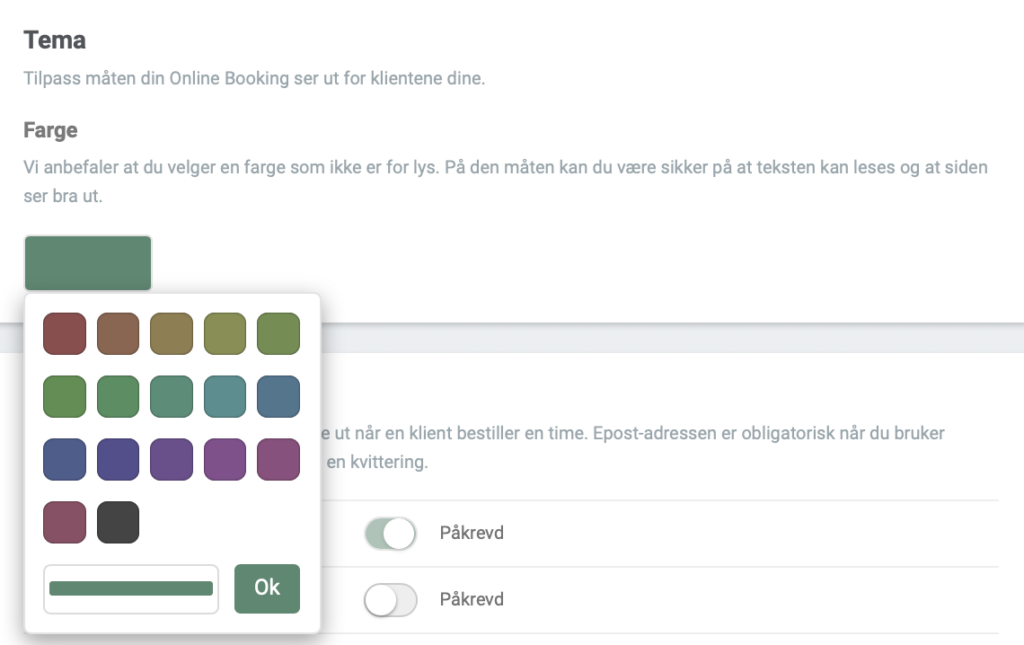Ulike farger å velge mellom for å endre fargetema på Online Bookingen
