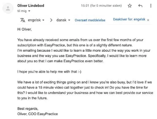 E-posten som ble sendt ut til kunder av EasyPractice eller Terapeutbooking, og som inviterte kunder til intervju.  