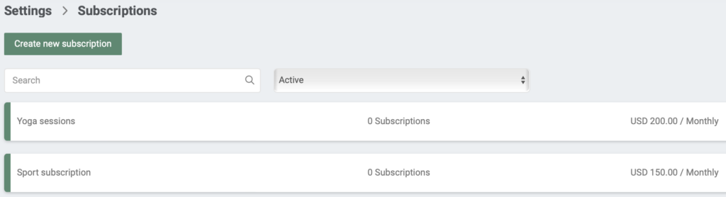 List of available subscriptions