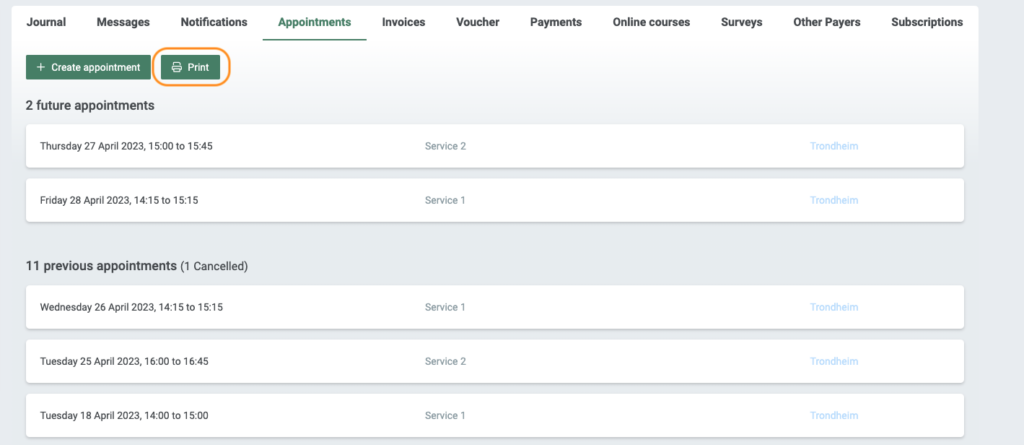 Overview over appointments