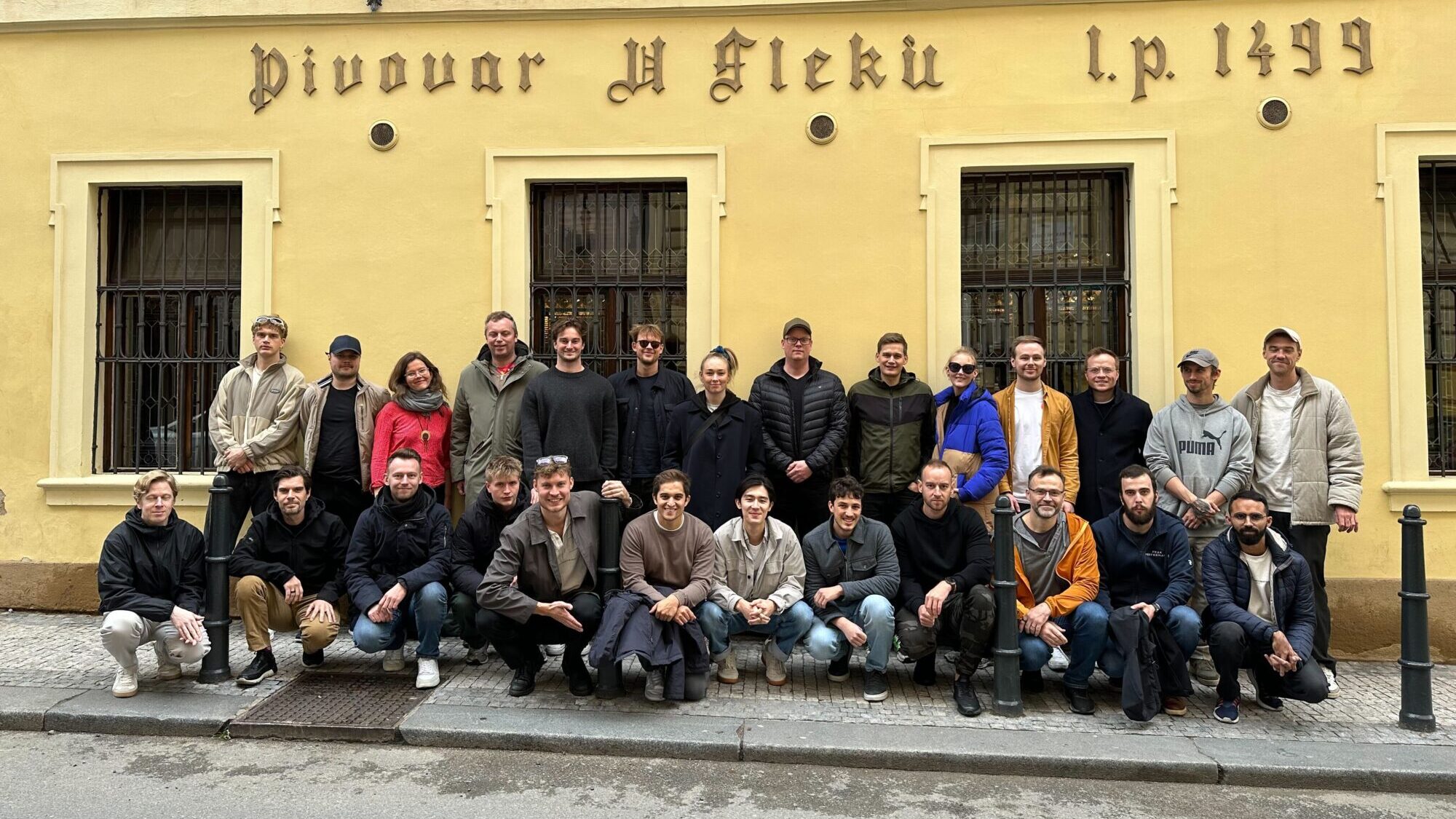 The EasyPractice team in Prague. The group was photographed in front of the historic pub U Fleků.
